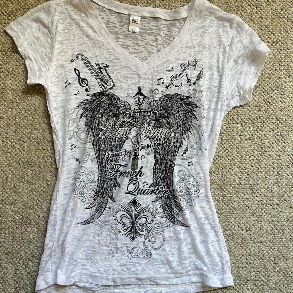 Gothic White V-Neck Graphic Tee with Black Angel Wings